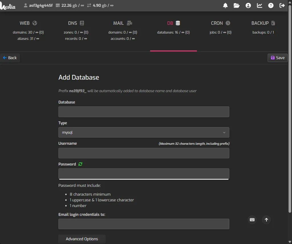 Creating a new database in Hestia Control Panel