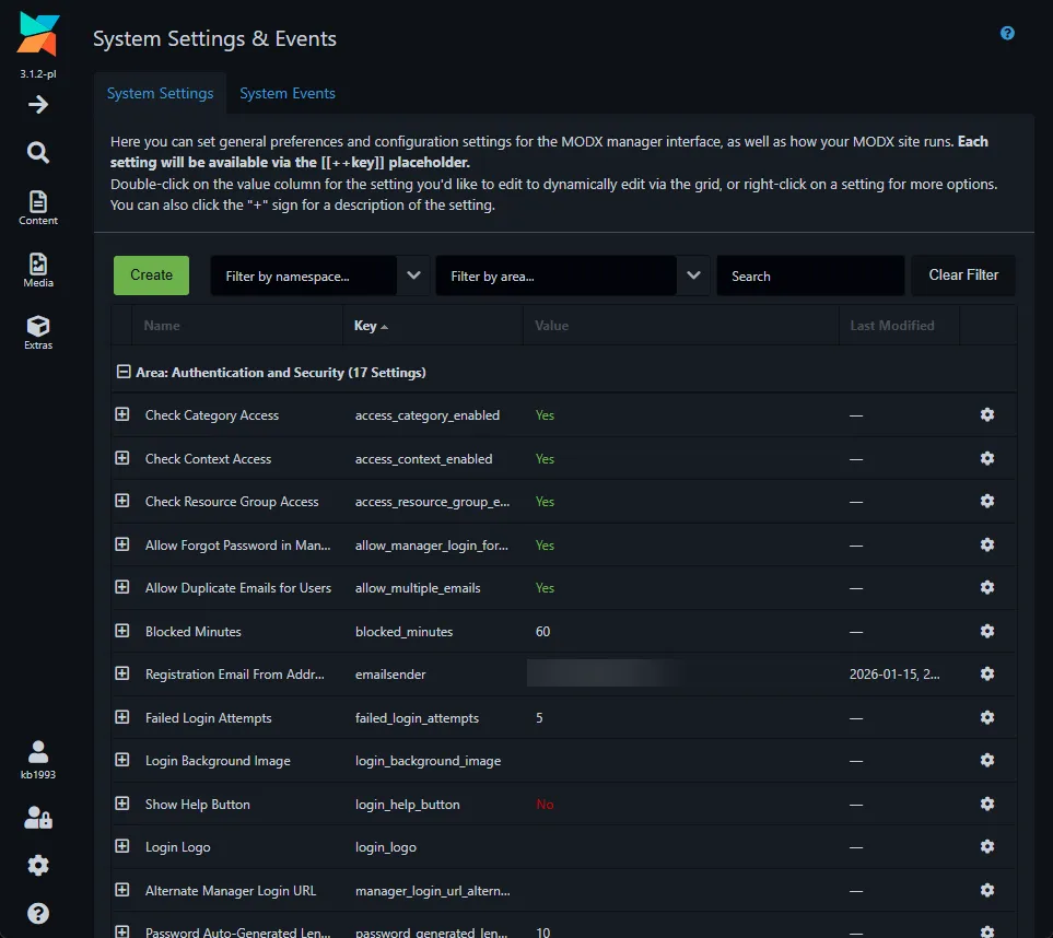 MODX System Settings & Events