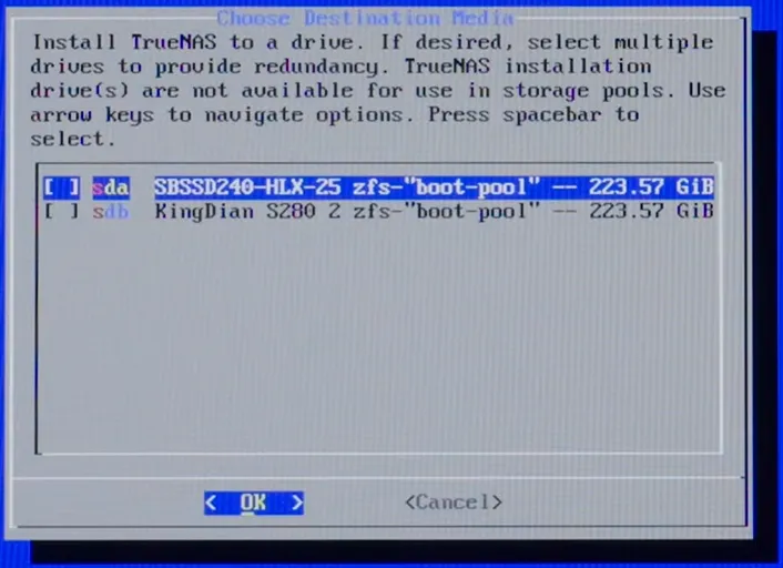 Choose Drive for TrueNas Installation