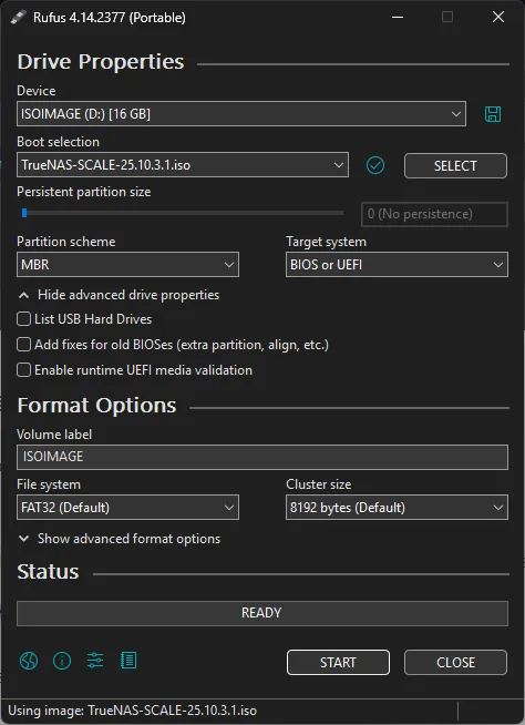Rufus TrueNas Image Settings